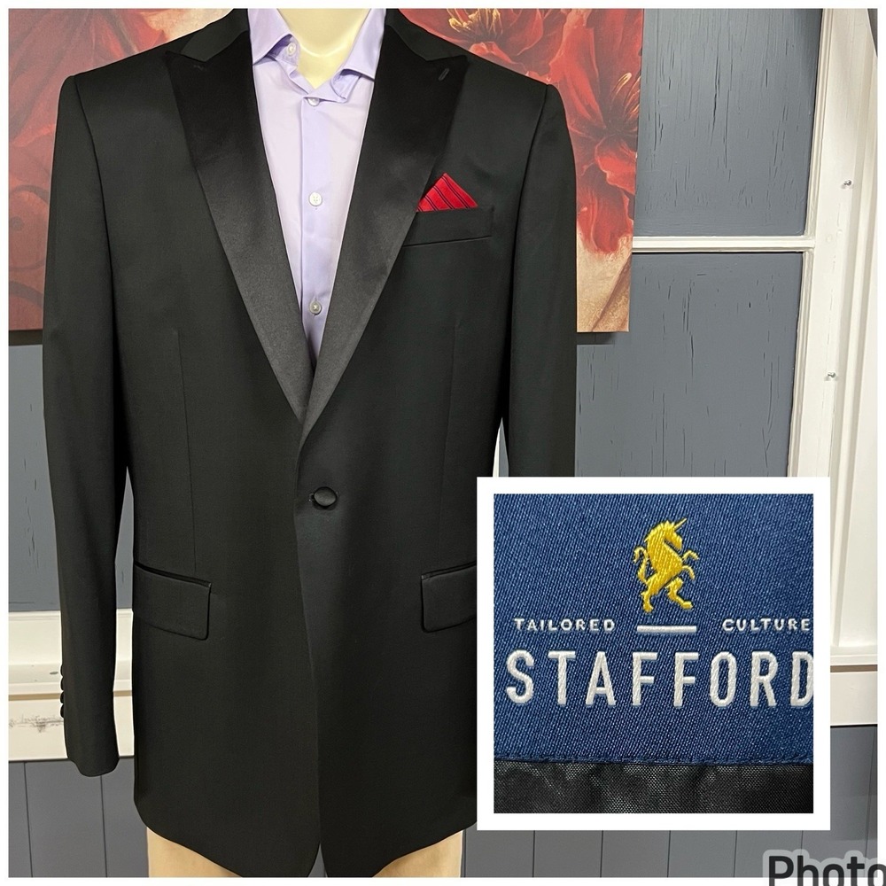Stafford Coolmax Tech Tuxedo Blazer Jacket Mens 46L Long‎ Wool Blend Stretch